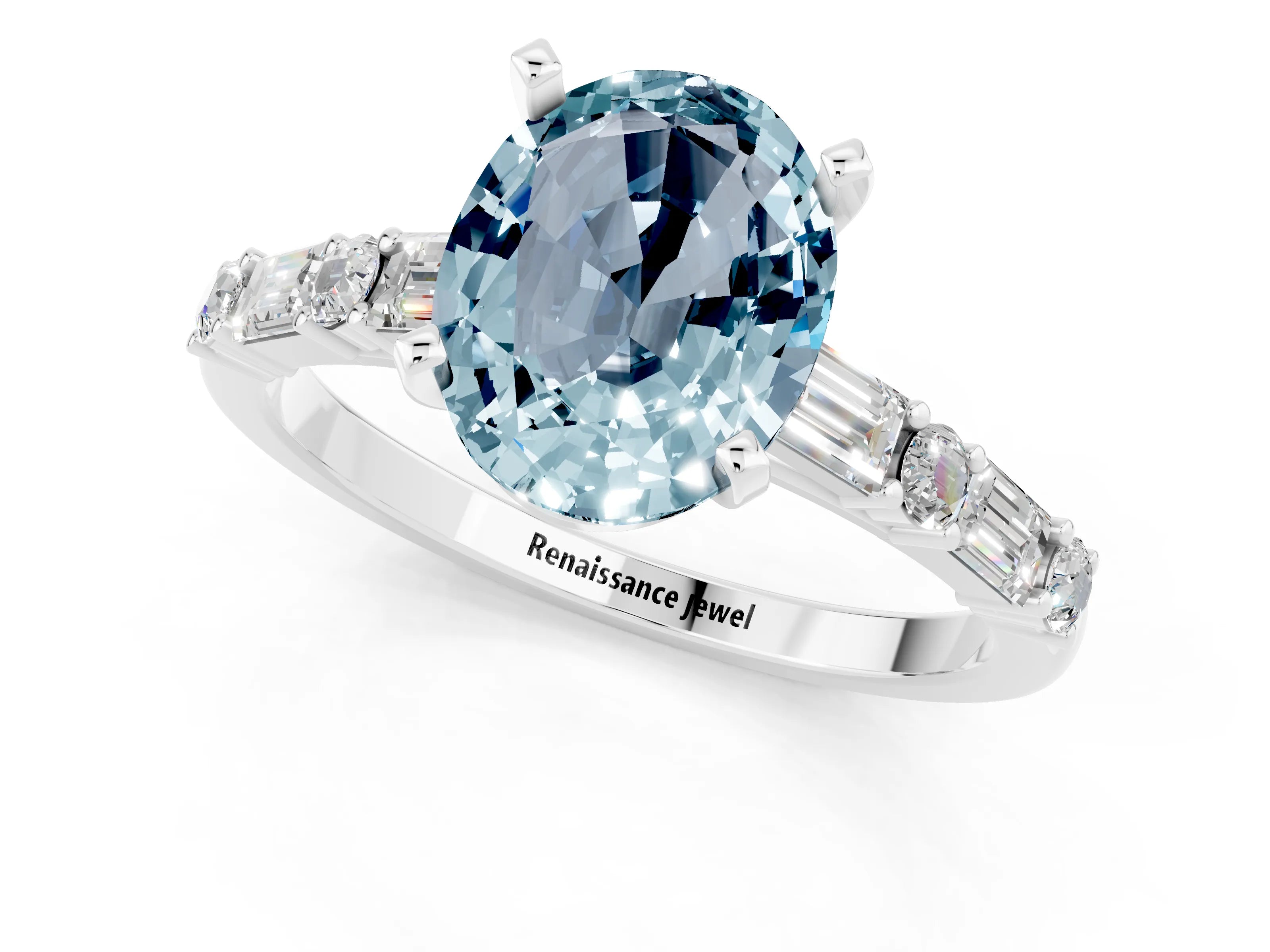 White gold Oval Cut Aquamarine Solitaire with Side Baguettes and Channel Set Band_1