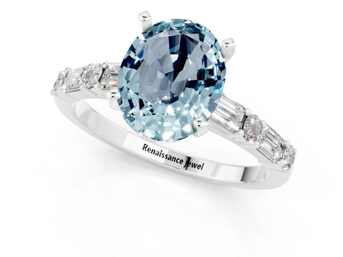 White gold Oval Cut Aquamarine Solitaire with Side Baguettes and Channel Set Band_1
