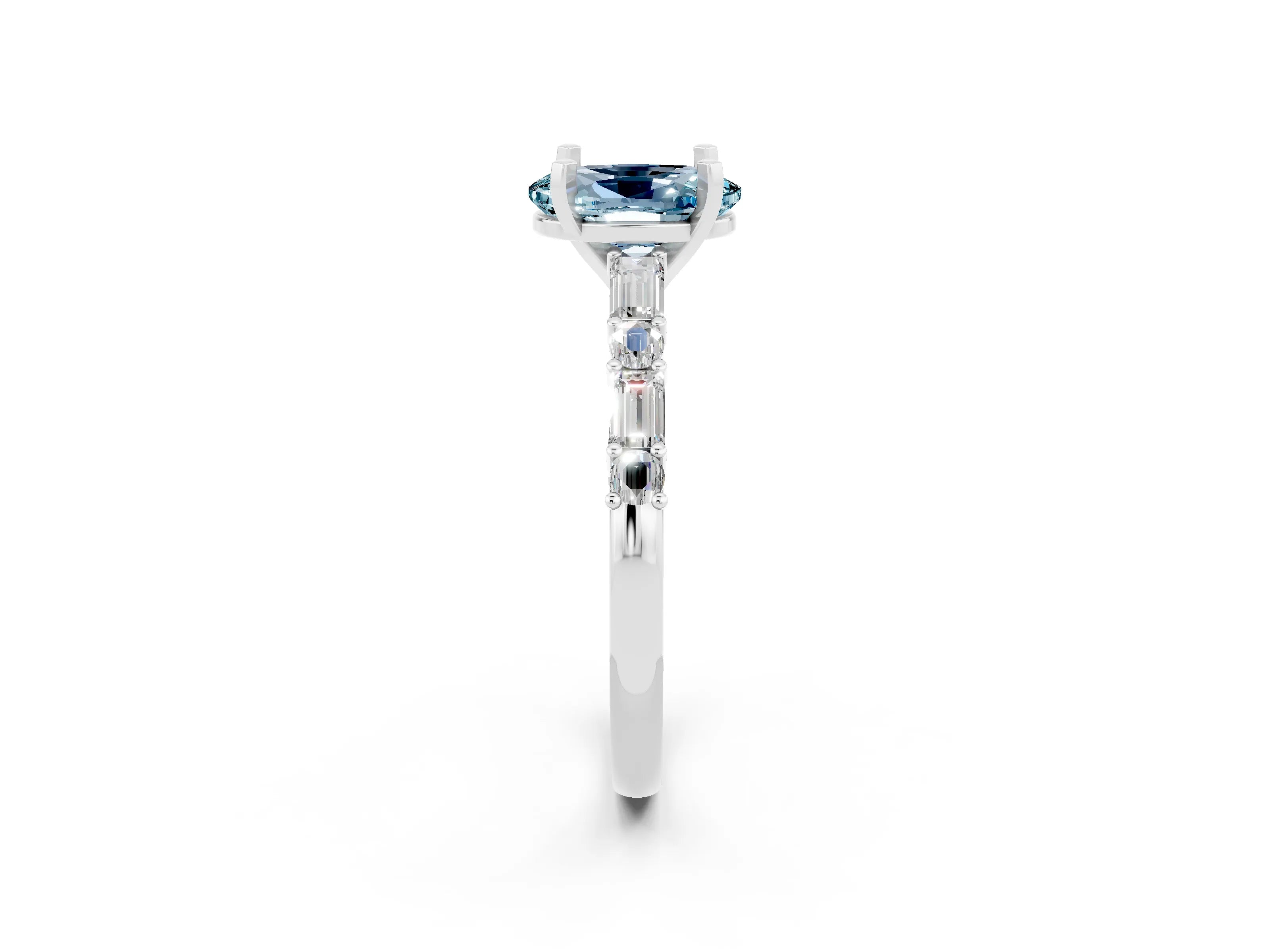 White gold Oval Cut Aquamarine Solitaire with Side Baguettes and Channel Set Band_2