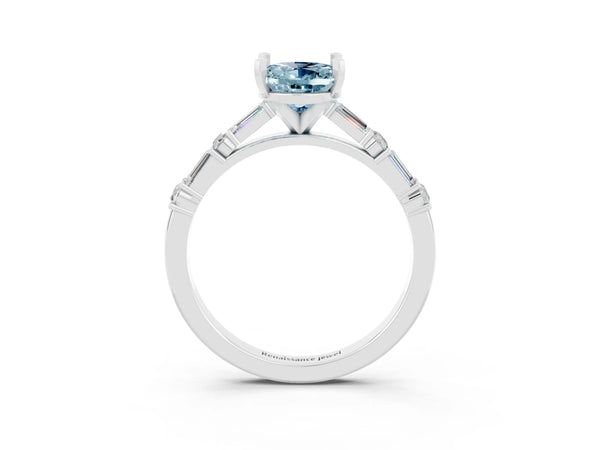 Platinum Oval Cut Aquamarine Solitaire with Side Baguettes and Channel Set Band