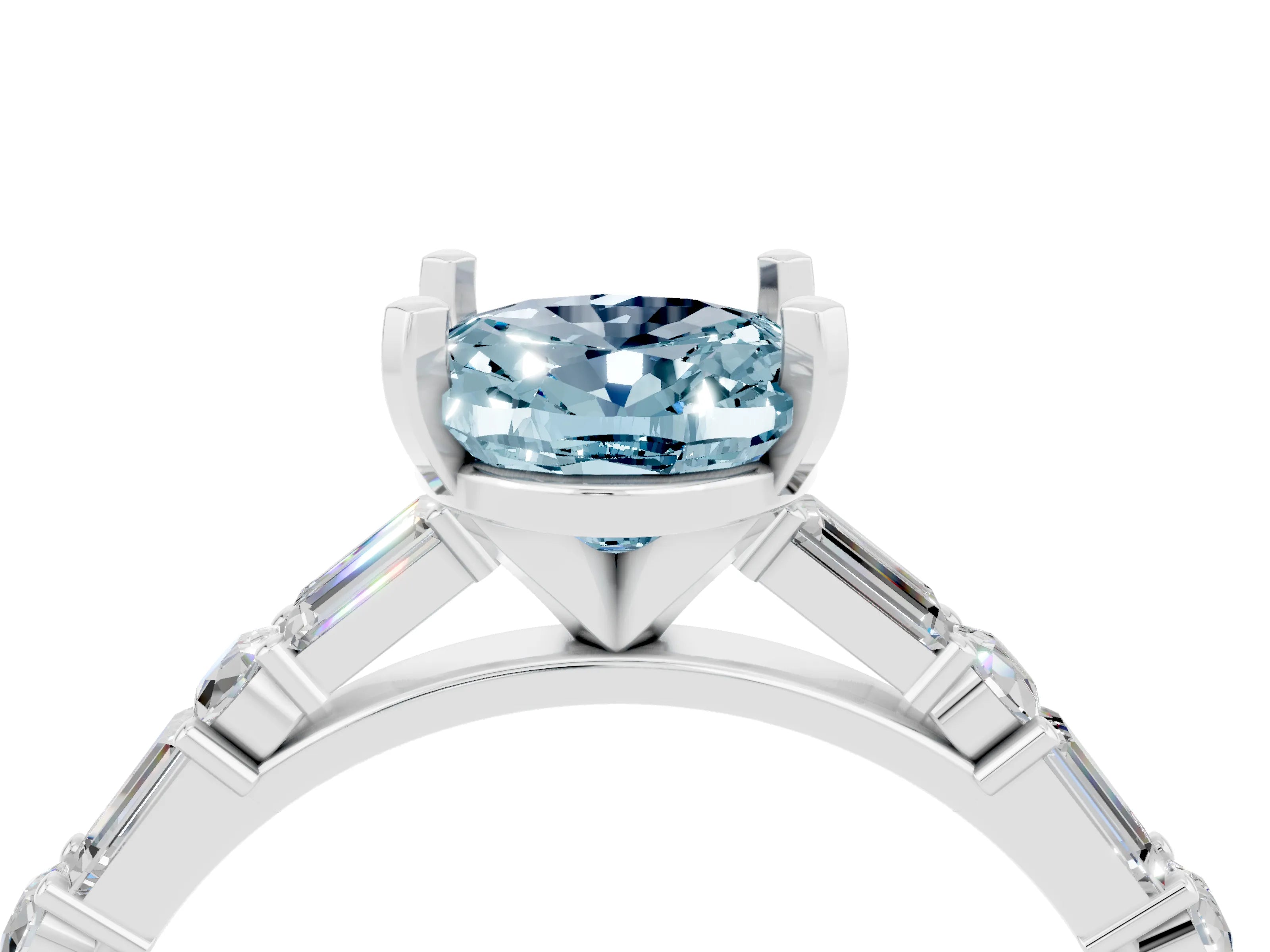 White gold Oval Cut Aquamarine Solitaire with Side Baguettes and Channel Set Band_4