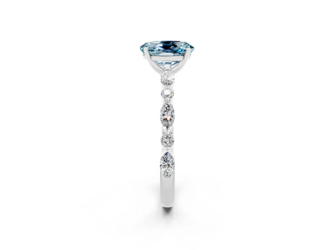 White gold Oval Cut Aquamarine Solitaire with Side Stones on a Pavé Band and Four-Prong Setting_2
