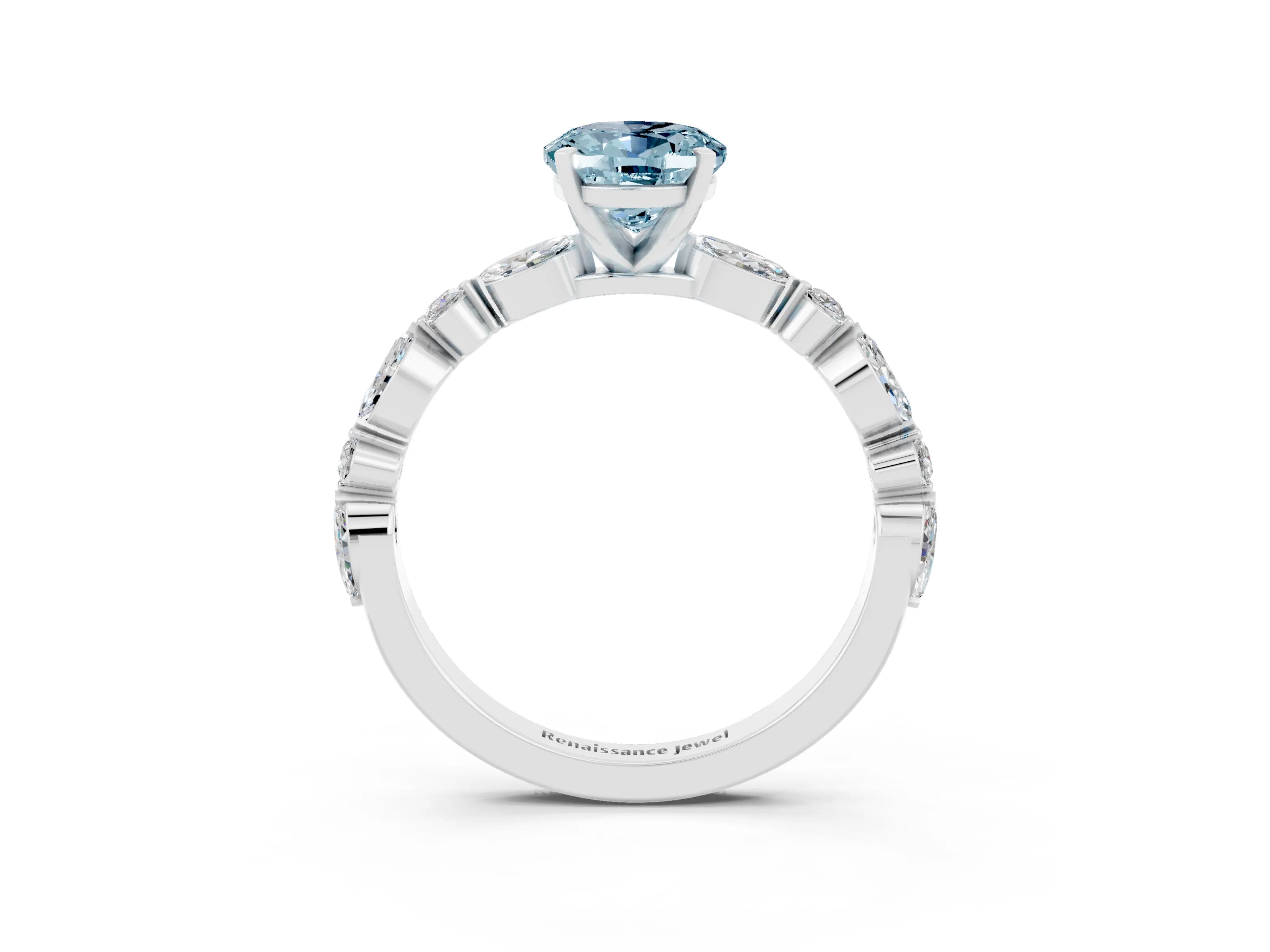 White gold Oval Cut Aquamarine Solitaire with Side Stones on a Pavé Band and Four-Prong Setting_3