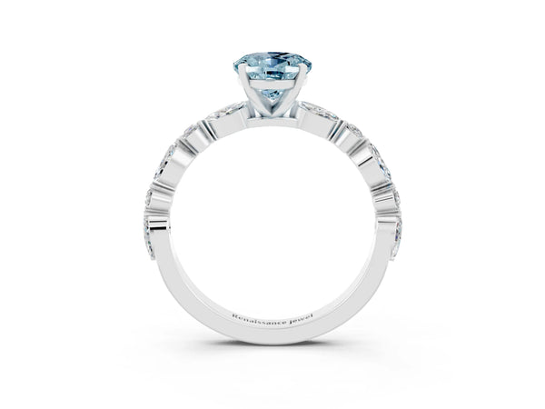 White gold Oval Cut Aquamarine Ring with Marquise and Round  Side Stones and Four-Prong Setting