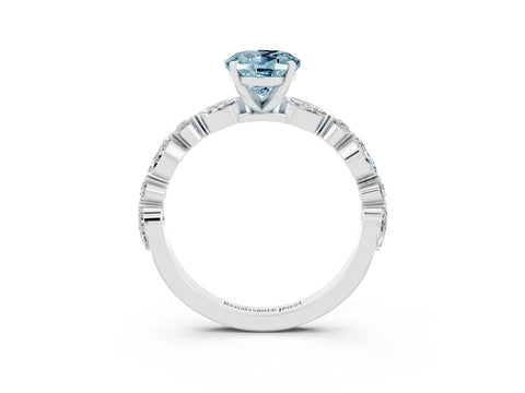 White gold Oval Cut Aquamarine Solitaire with Side Stones on a Pavé Band and Four-Prong Setting_3