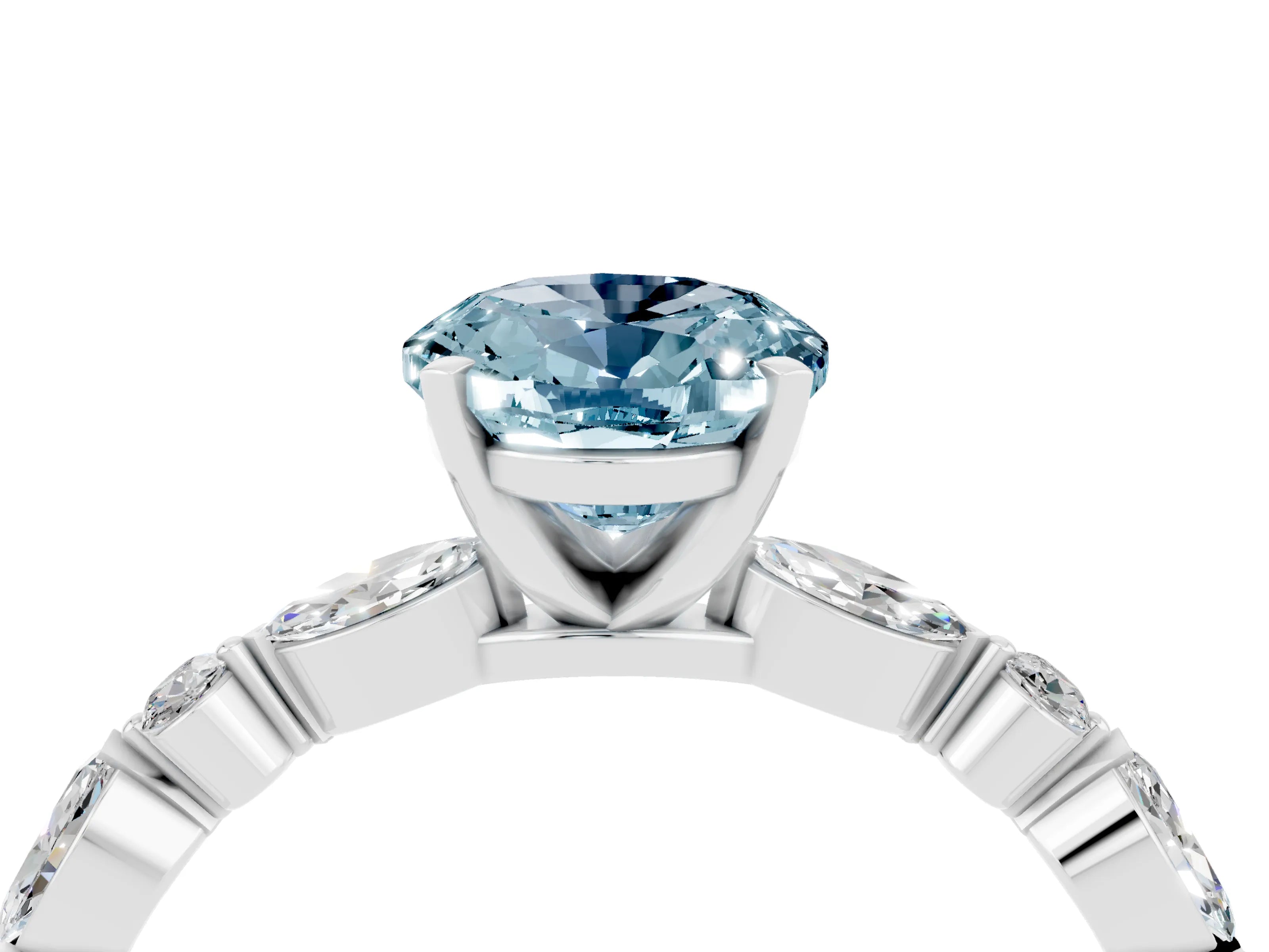 White gold Oval Cut Aquamarine Solitaire with Side Stones on a Pavé Band and Four-Prong Setting_4