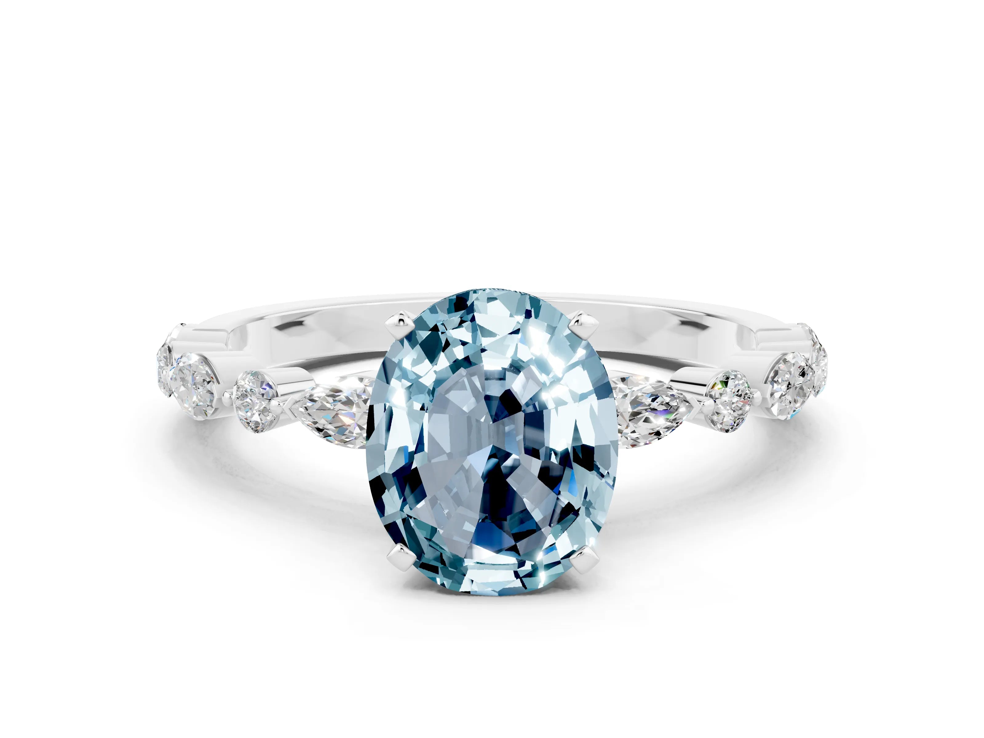 White gold Oval Cut Aquamarine Solitaire with Side Stones on a Pavé Band and Four-Prong Setting