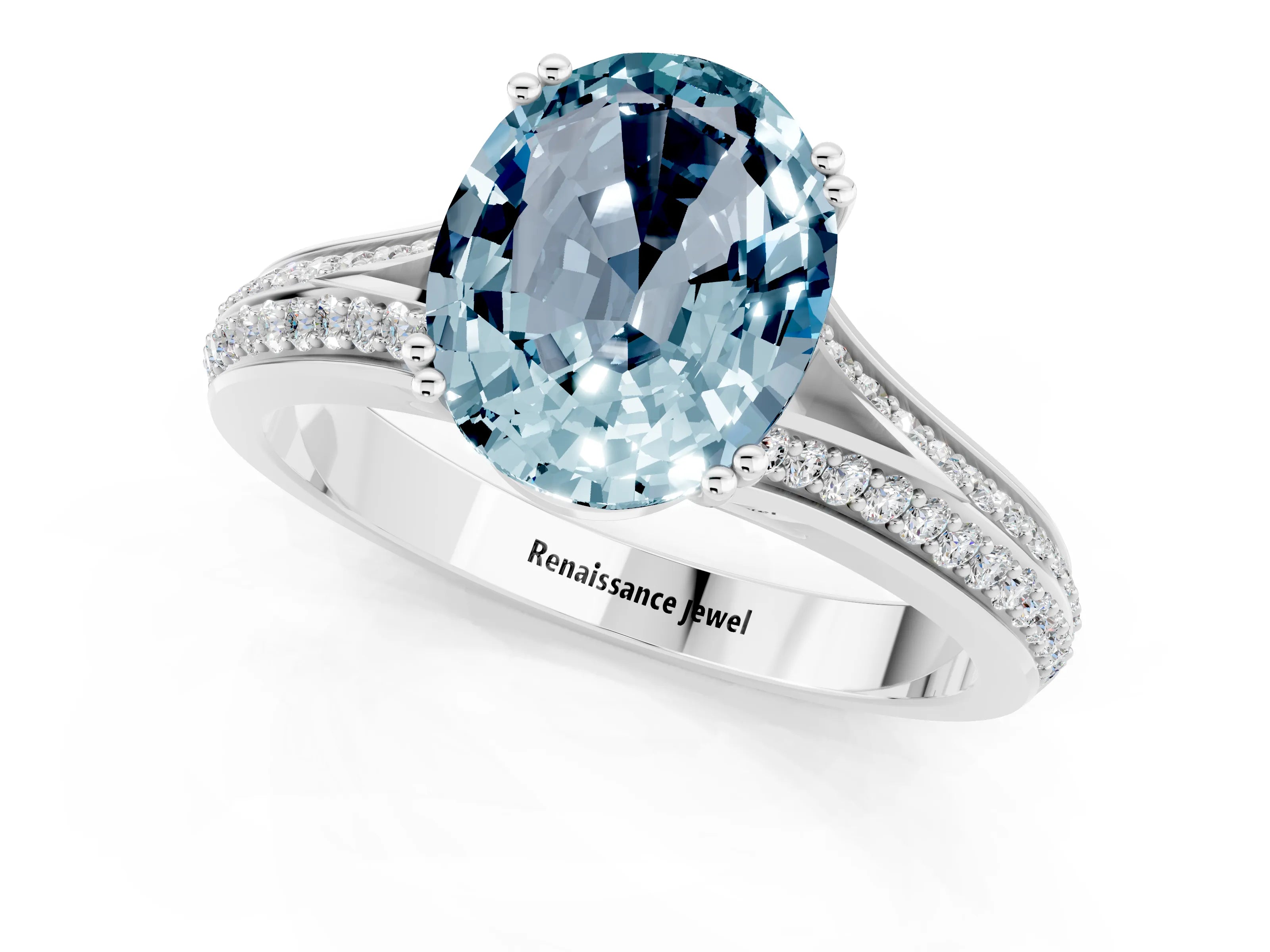 White gold Oval Cut Aquamarine Split Shank Engagement Ring with Pavé Band_1