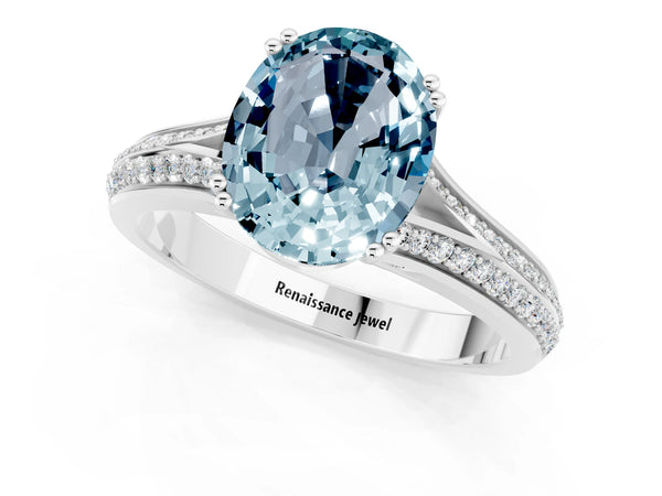 White gold Oval Cut Aquamarine Split Shank Engagement Ring with Pavé Band