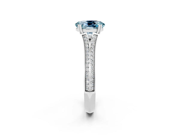 Platinum Oval Cut Aquamarine Split Shank Engagement Ring with Pavé Band