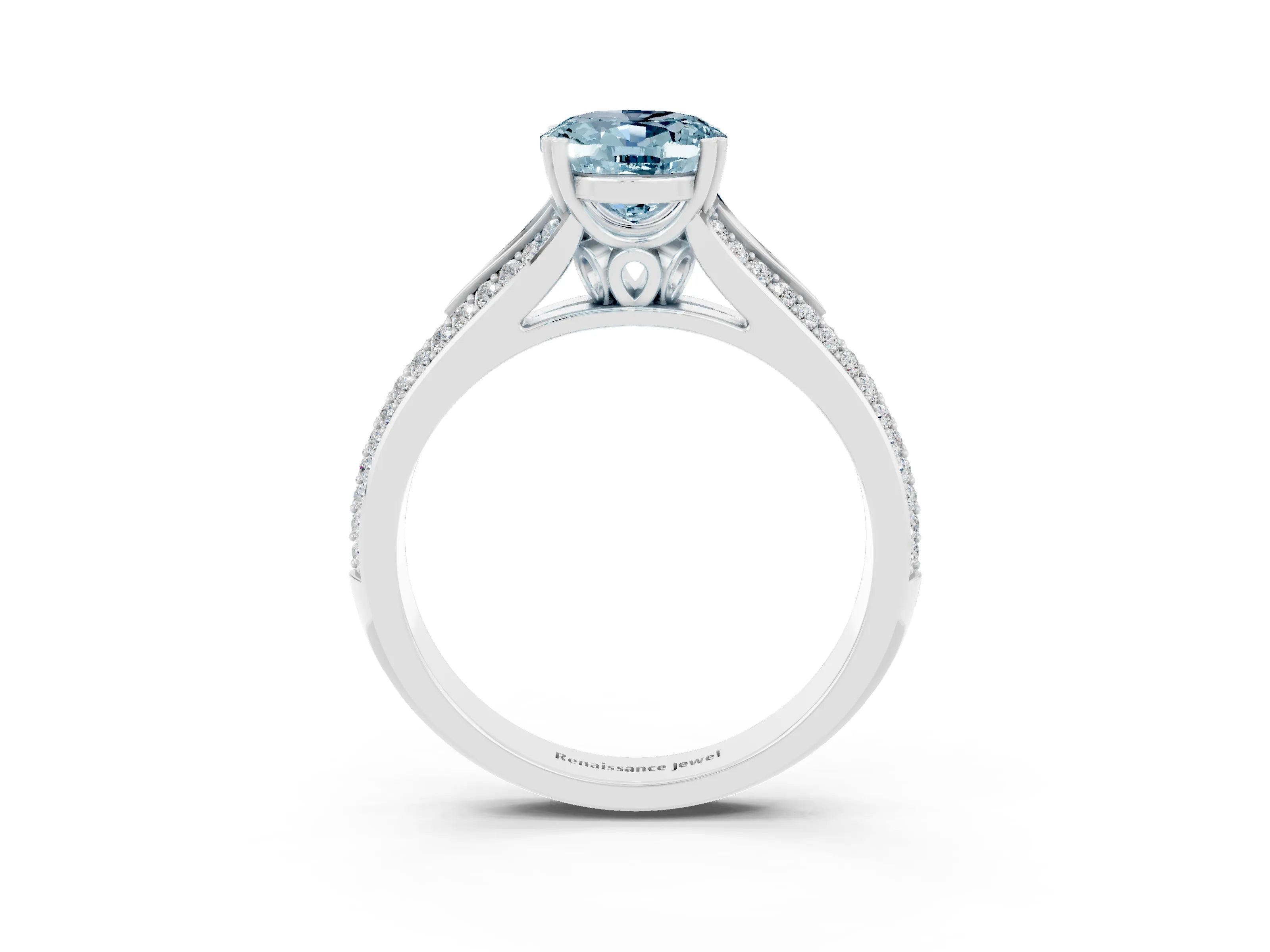 White gold Oval Cut Aquamarine Split Shank Engagement Ring with Pavé Band_3