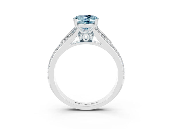 Silver Oval Cut Aquamarine Split Shank Engagement Ring with Pavé Band