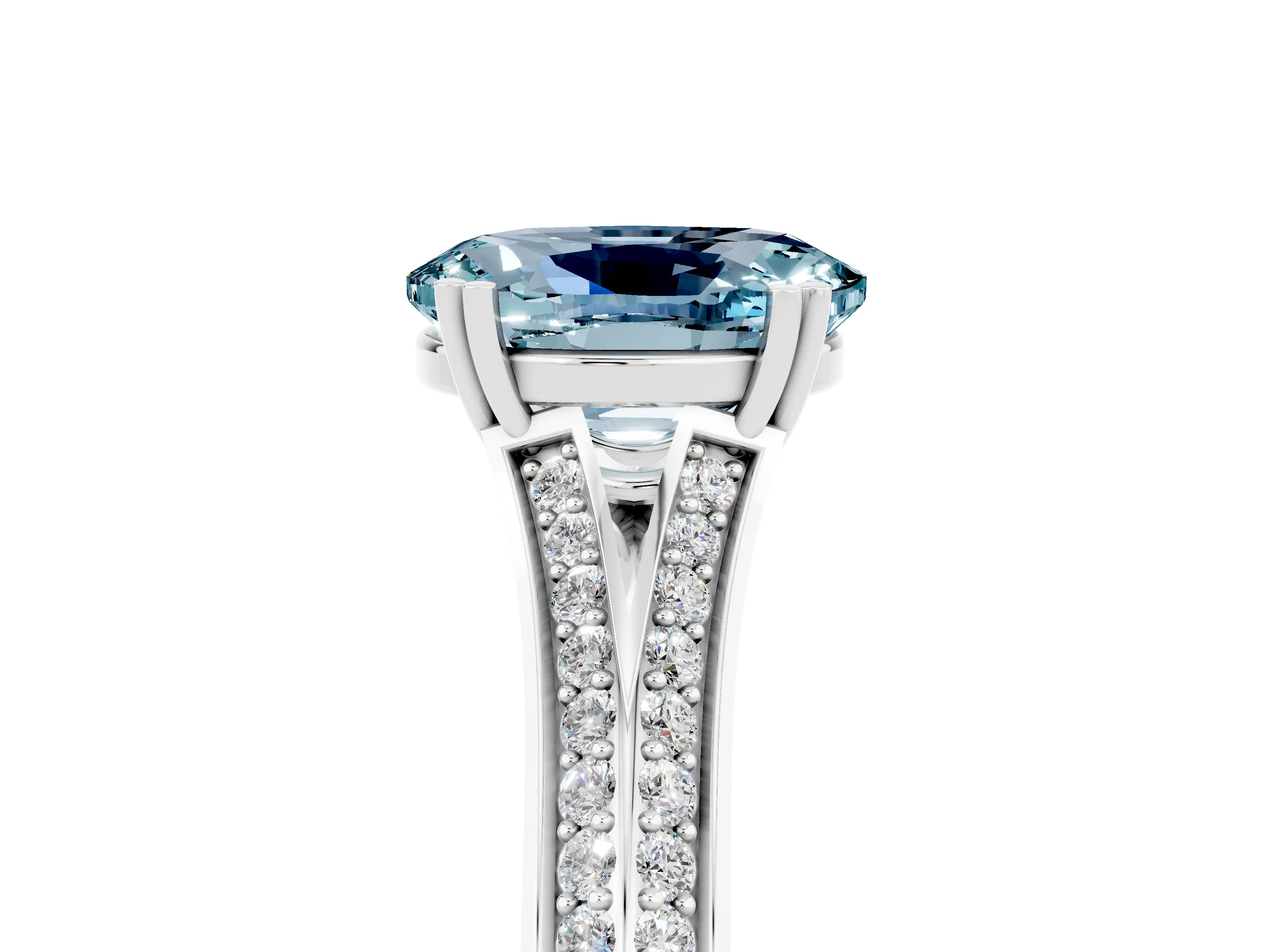 White gold Oval Cut Aquamarine Split Shank Engagement Ring with Pavé Band_5