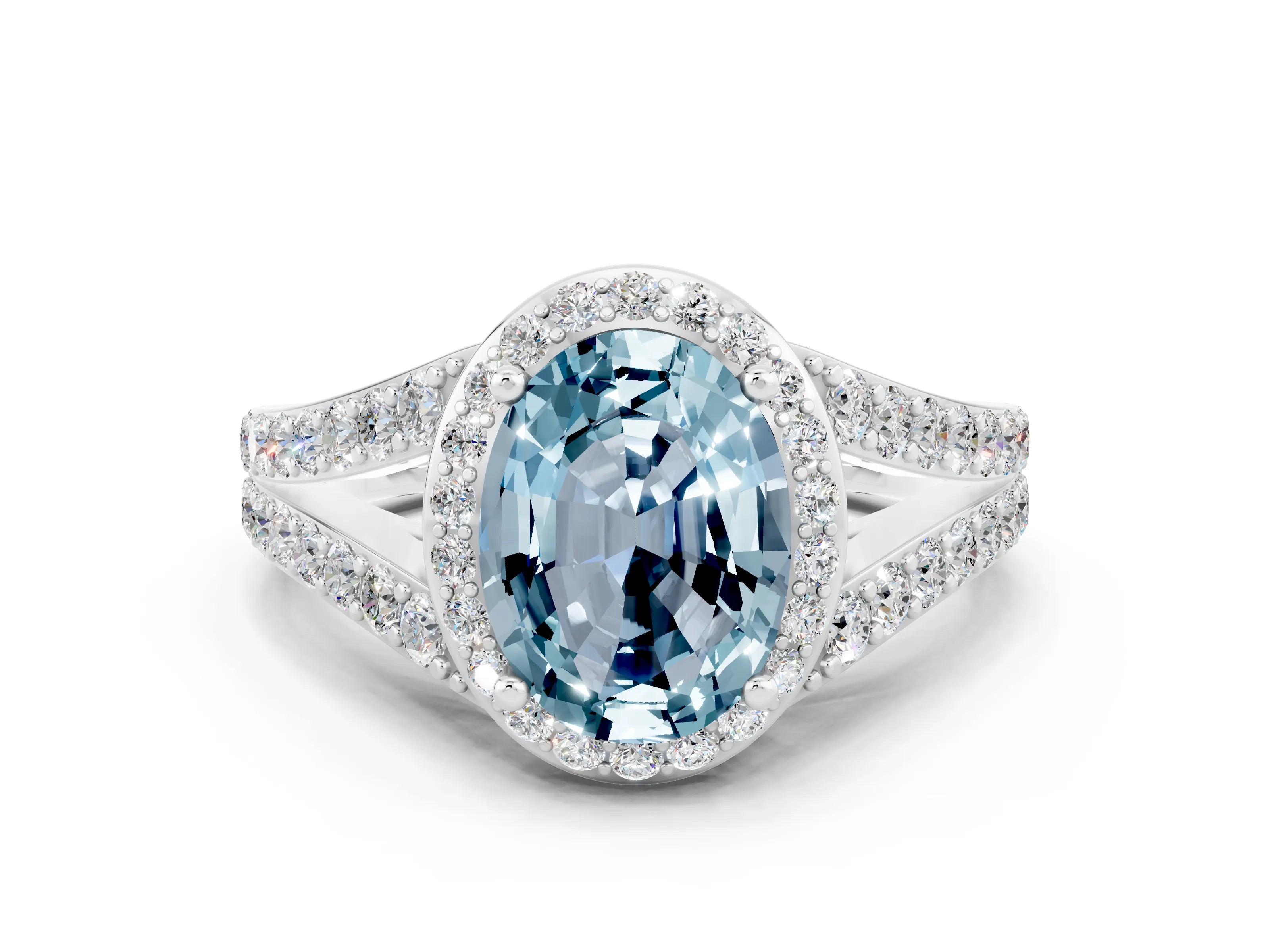 White gold Oval Cut Aquamarine Split Shank Halo Ring with Four-Prong Setting_12