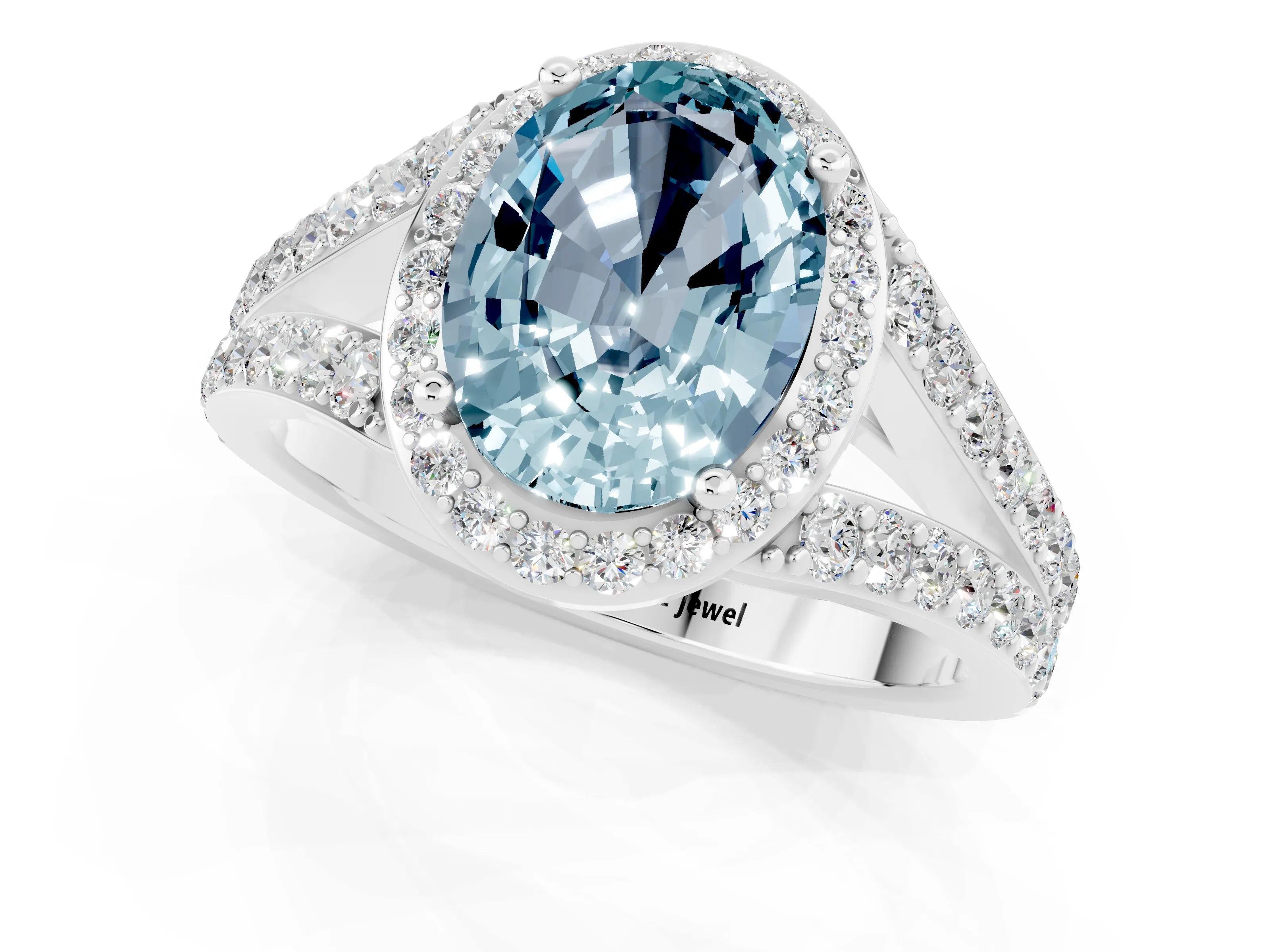 White gold Oval Cut Aquamarine Split Shank Halo Ring with Four-Prong Setting_13