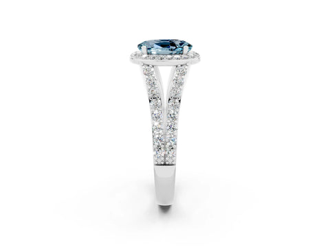 White gold Oval Cut Aquamarine Split Shank Halo Ring with Four-Prong Setting_14