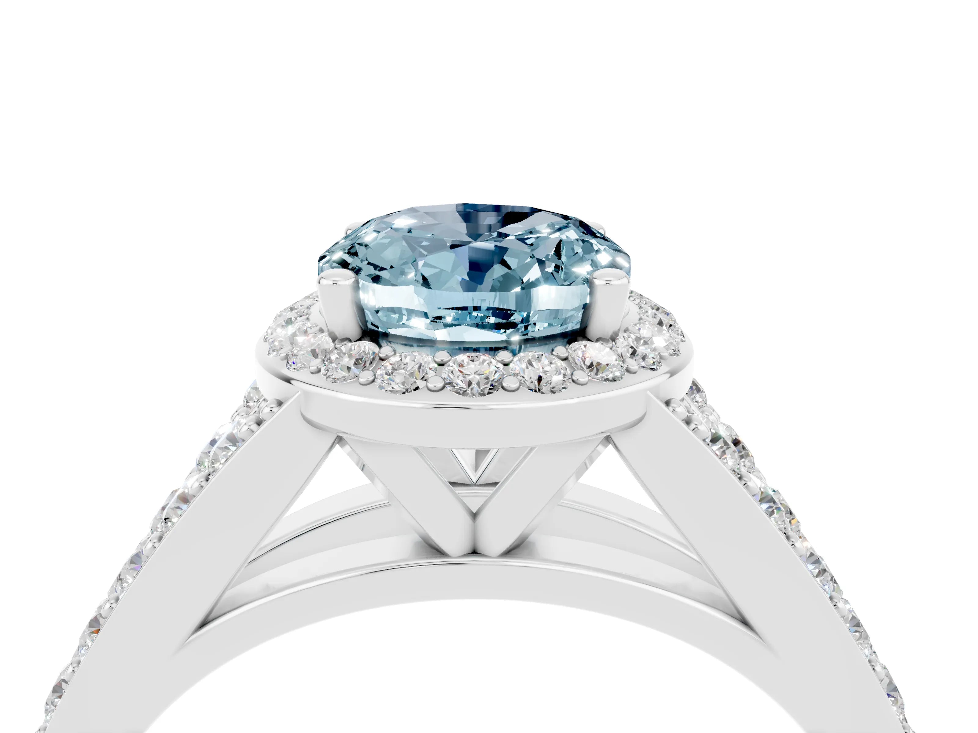 White gold Oval Cut Aquamarine Split Shank Halo Ring with Four-Prong Setting_16