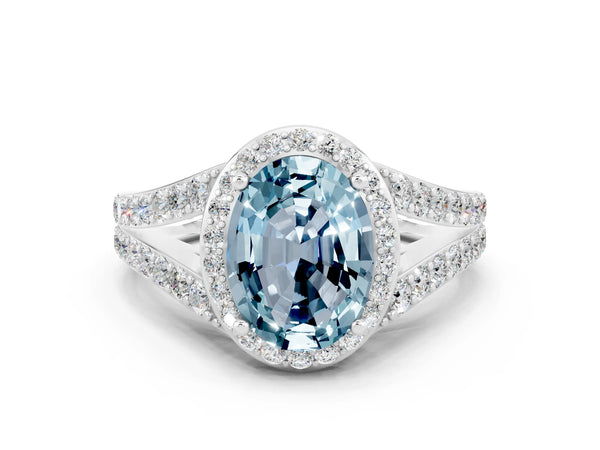 White gold Oval Cut Aquamarine Split Shank Halo Ring with Four-Prong Setting