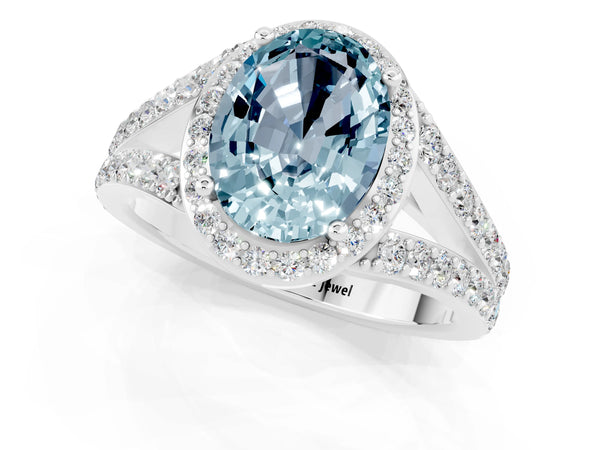 White gold Oval Cut Aquamarine Split Shank Halo Ring with Four-Prong Setting