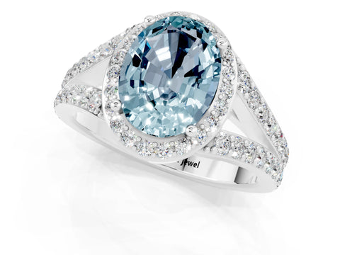 White gold Oval Cut Aquamarine Split Shank Halo Ring with Four-Prong Setting_25