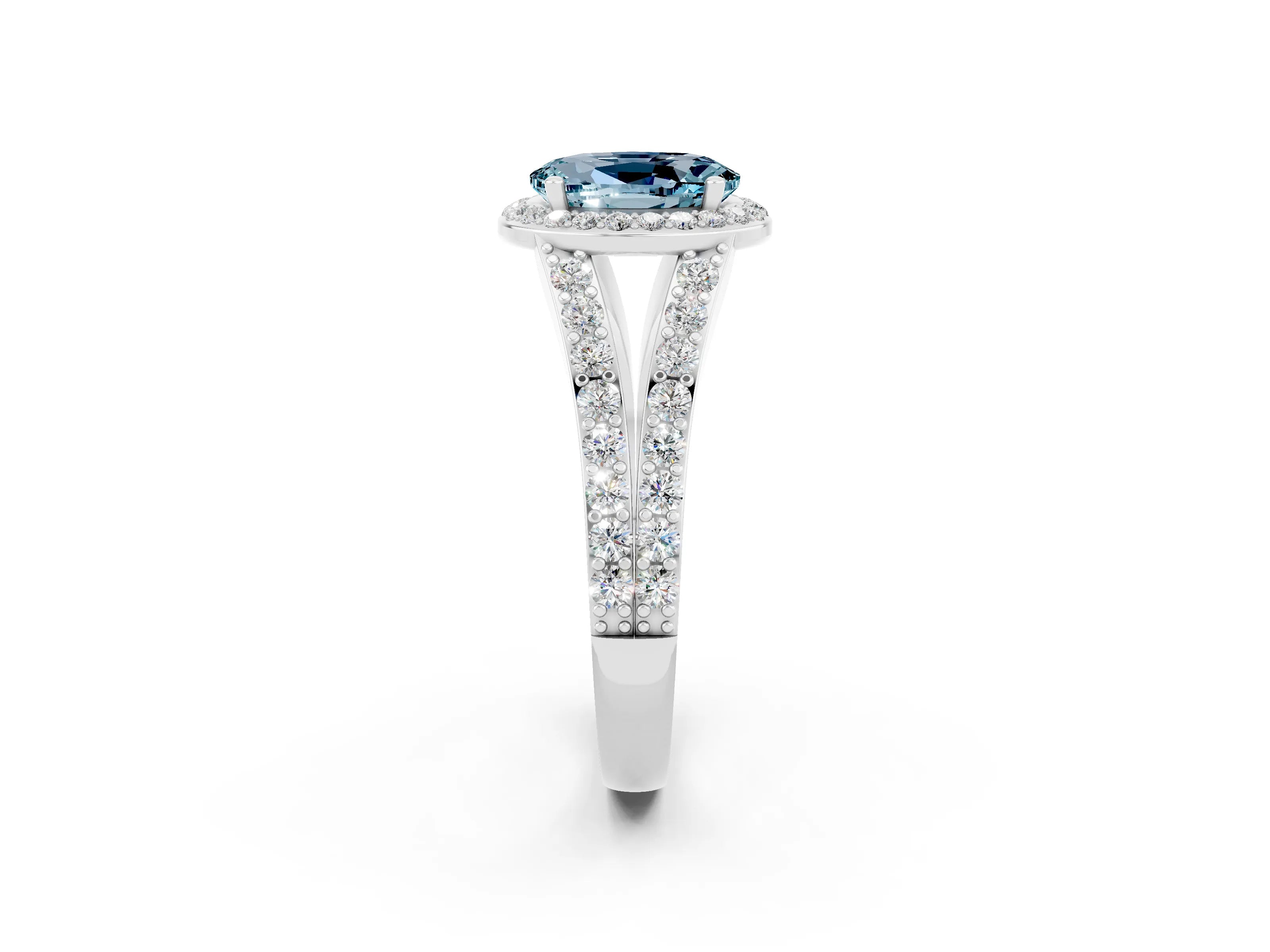 White gold Oval Cut Aquamarine Split Shank Halo Ring with Four-Prong Setting_26