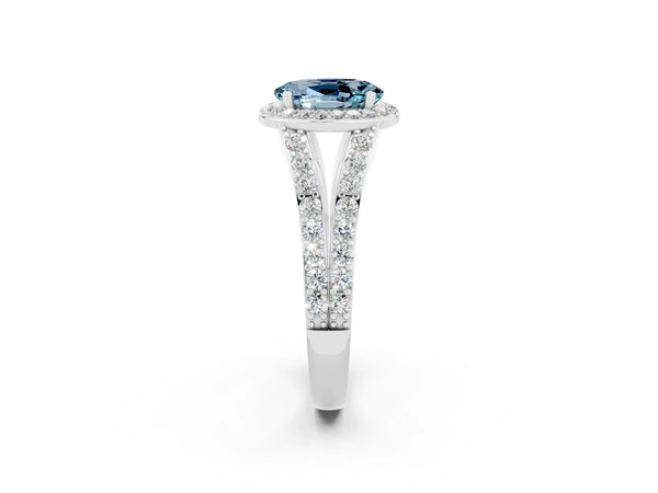 White gold Oval Cut Aquamarine Split Shank Halo Ring with Four-Prong Setting