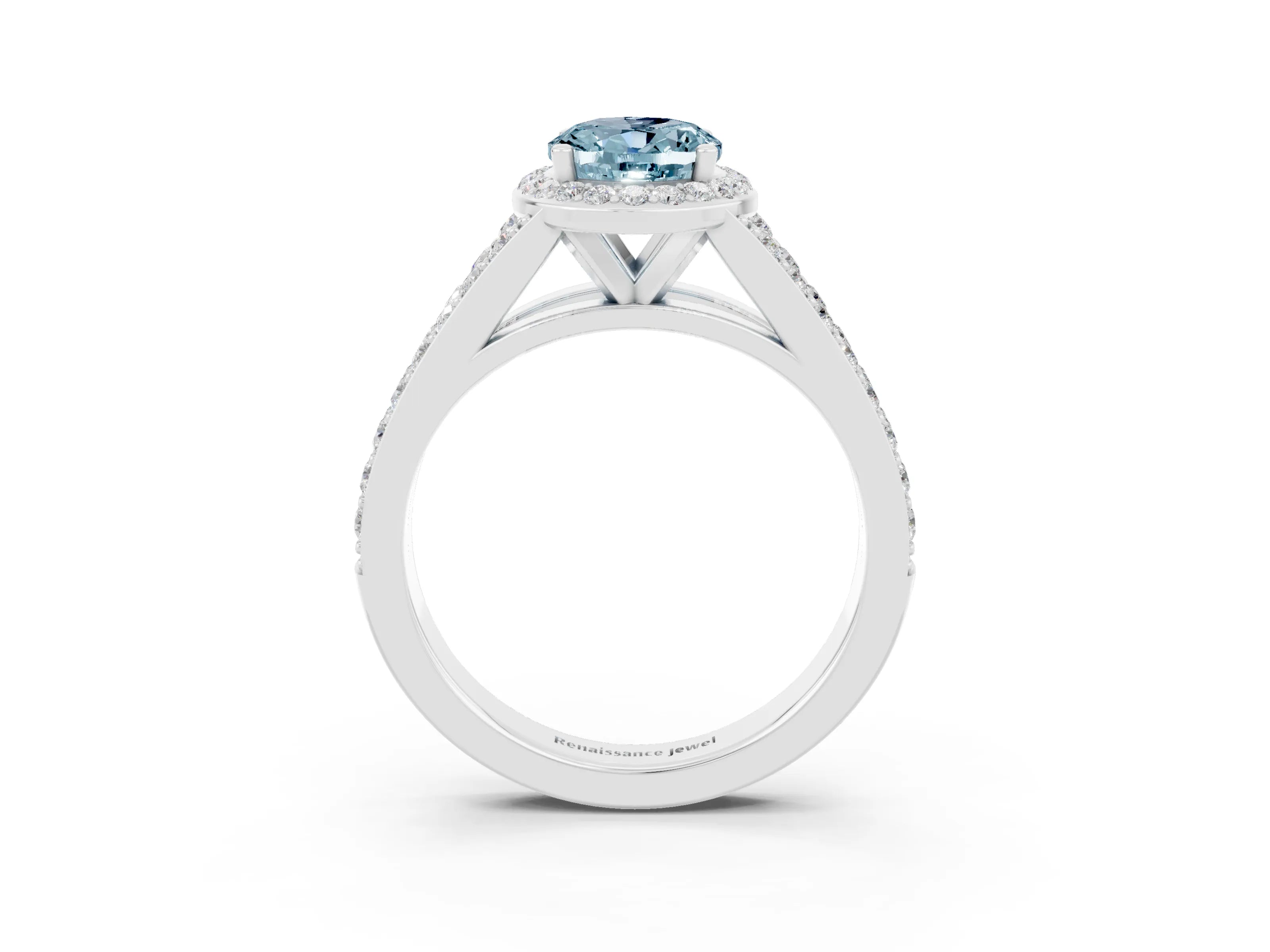 White gold Oval Cut Aquamarine Split Shank Halo Ring with Four-Prong Setting_27