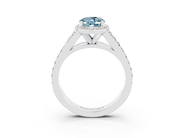 White gold Oval Cut Aquamarine Split Shank Halo Ring with Four-Prong Setting