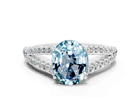 White gold Oval Cut Aquamarine Split Shank Pavé Engagement Ring with Four-Prong Setting_12