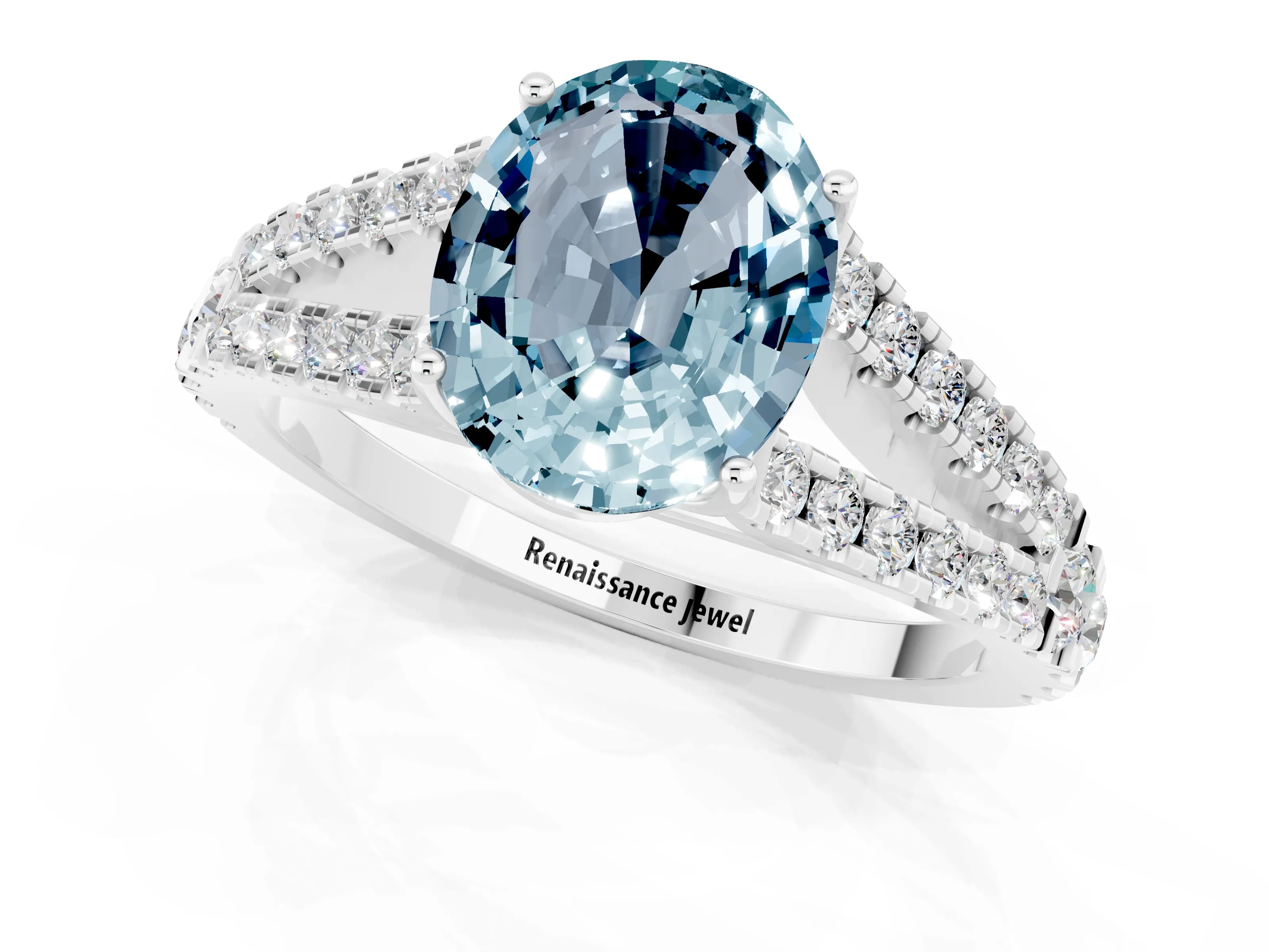 White gold Oval Cut Aquamarine Split Shank Pavé Engagement Ring with Four-Prong Setting_13
