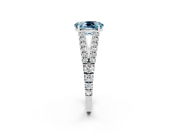 Silver Oval Cut Aquamarine Split Shank Pavé Engagement Ring with Four-Prong Setting