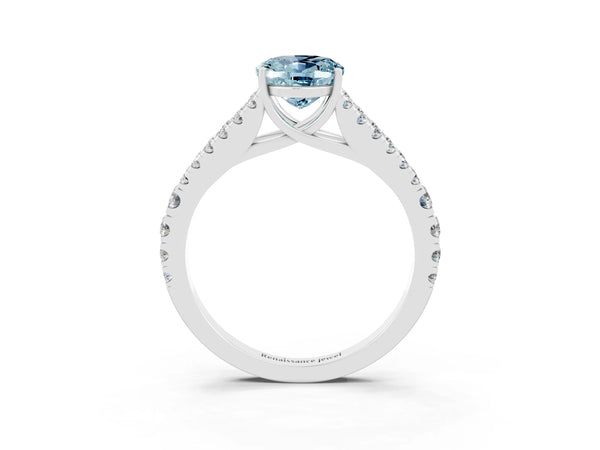 Platinum Oval Cut Aquamarine Split Shank Pavé Engagement Ring with Four-Prong Setting