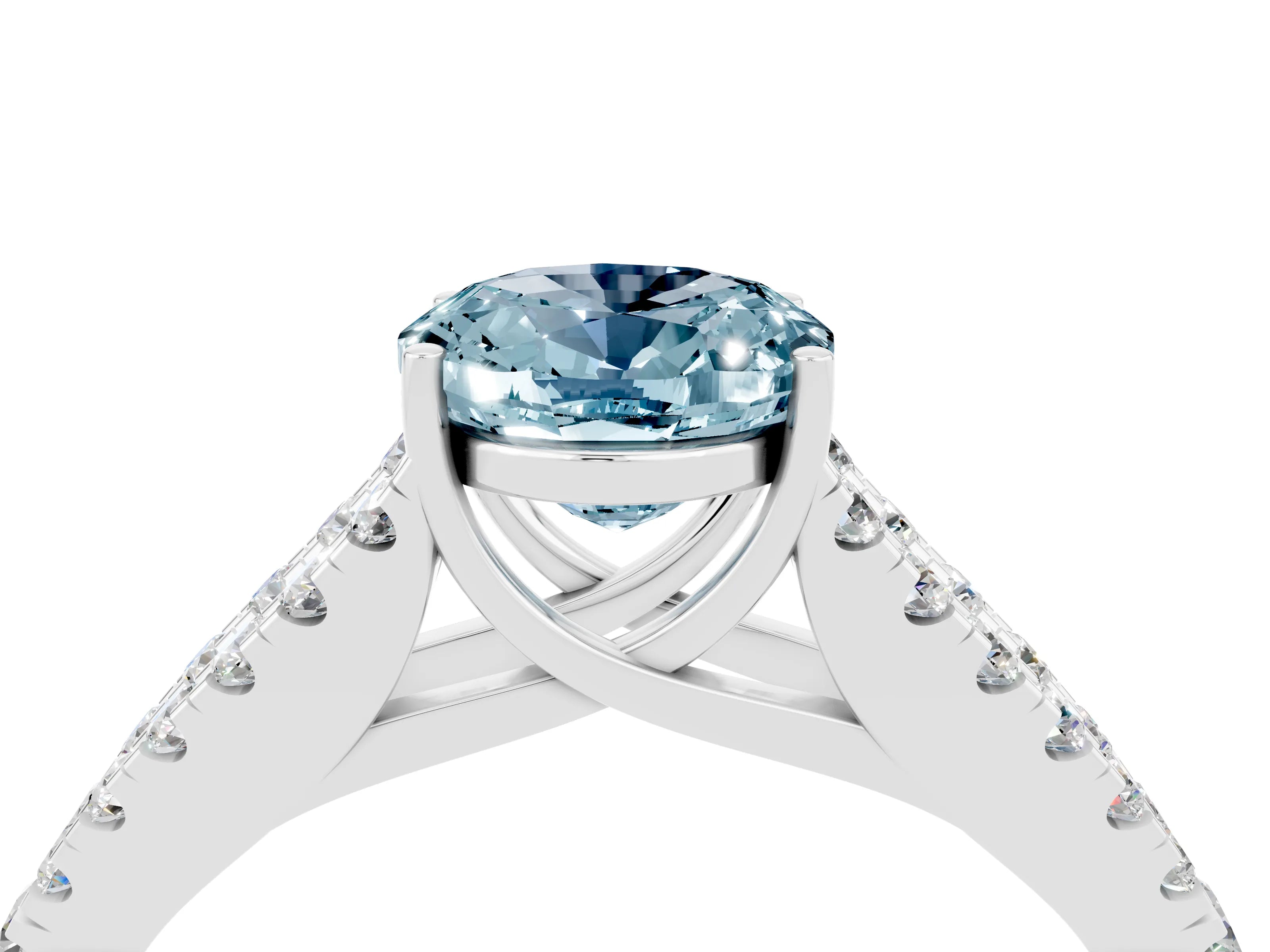 White gold Oval Cut Aquamarine Split Shank Pavé Engagement Ring with Four-Prong Setting_16