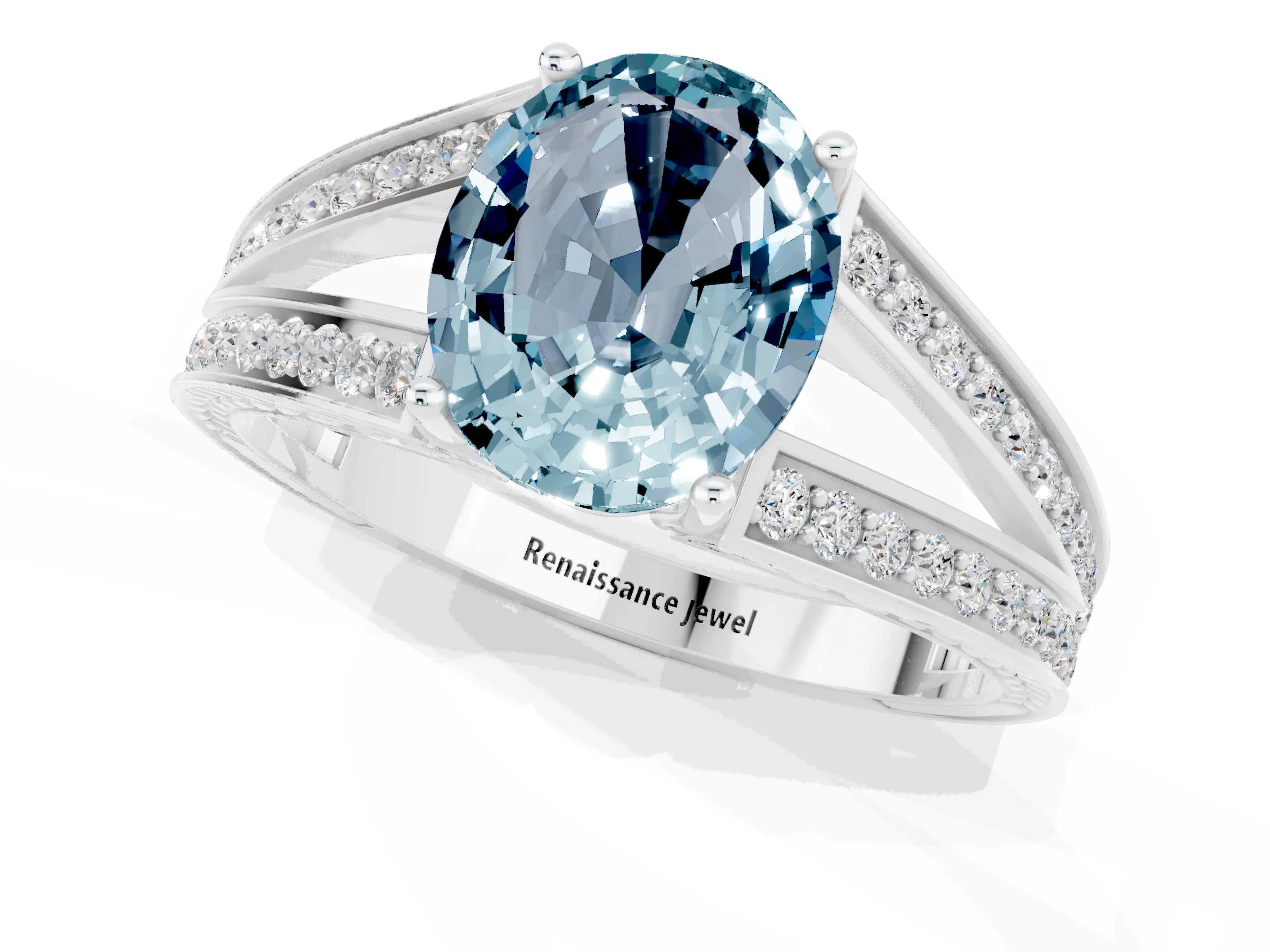 White gold Oval Cut Aquamarine Split Shank Ring with Pavé Band and Four-Prong Setting_1
