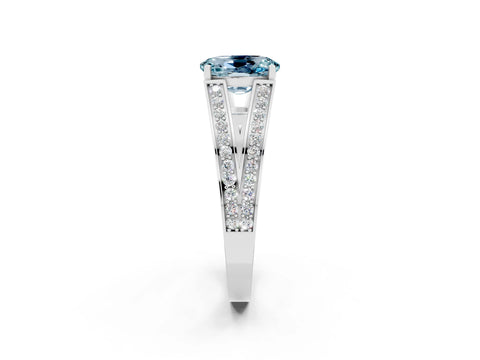 White gold Oval Cut Aquamarine Split Shank Ring with Pavé Band and Four-Prong Setting_2