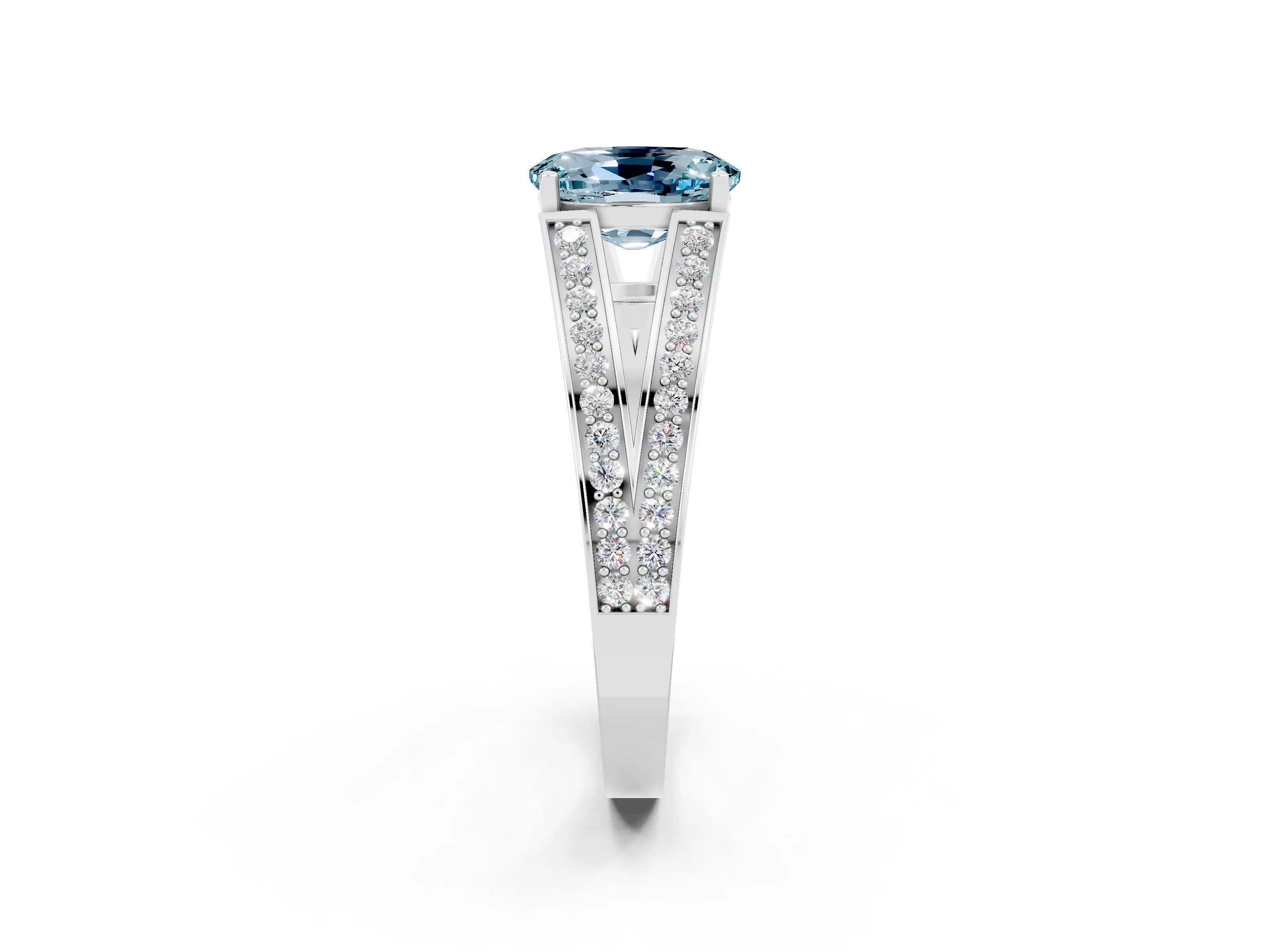 White gold Oval Cut Aquamarine Split Shank Ring with Pavé Band and Four-Prong Setting_2