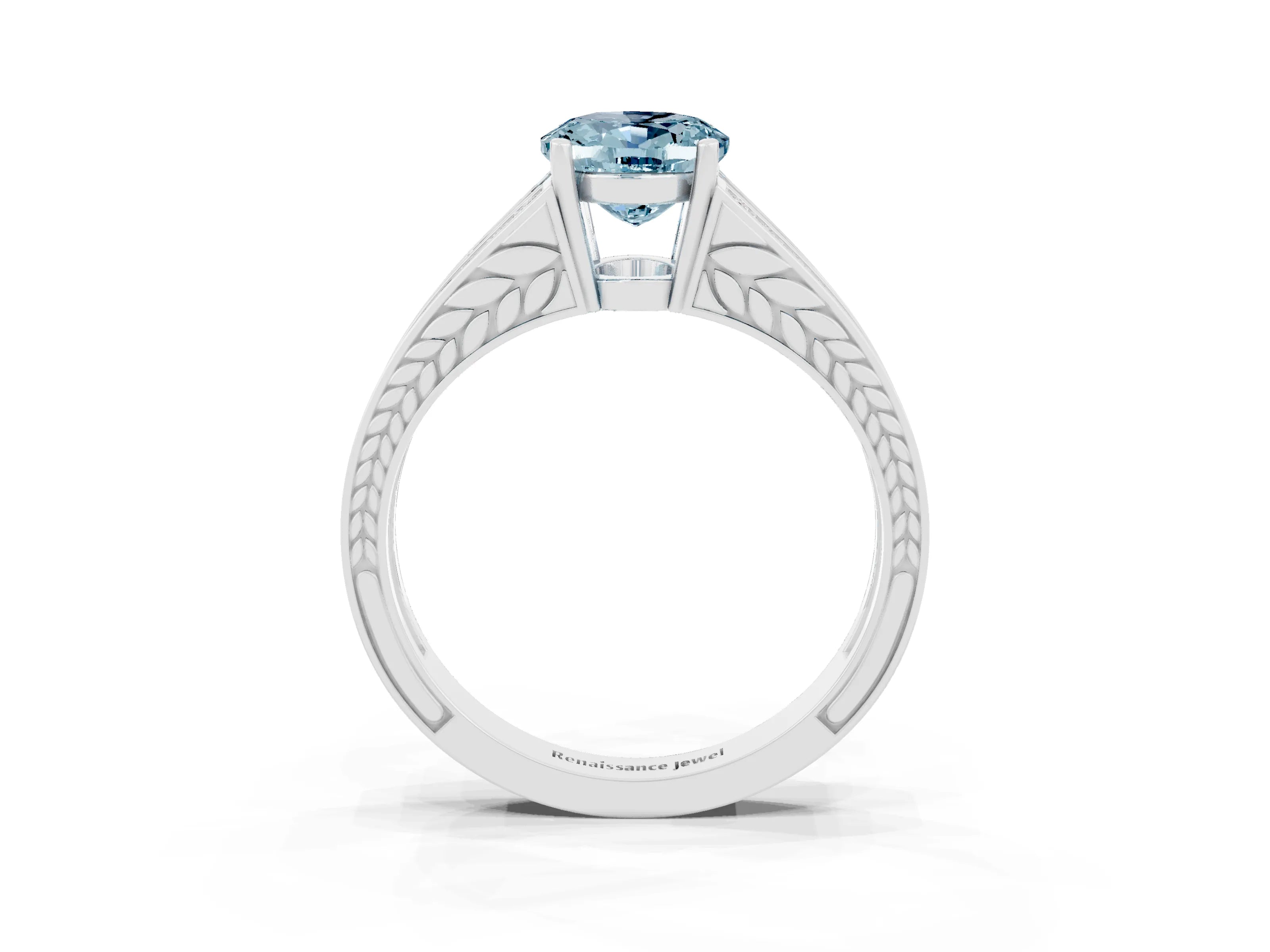 White gold Oval Cut Aquamarine Split Shank Ring with Pavé Band and Four-Prong Setting_3