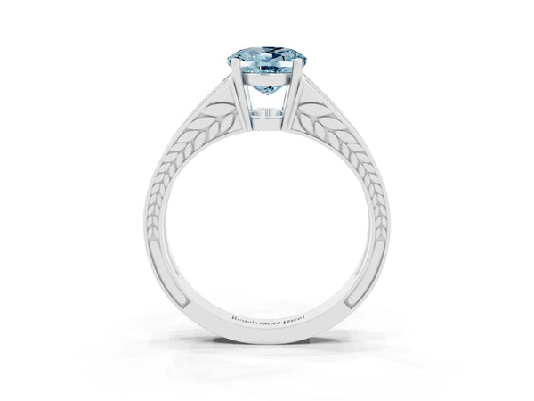 Platinum Oval Cut Aquamarine Split Shank Ring with Pavé Band and Four-Prong Setting