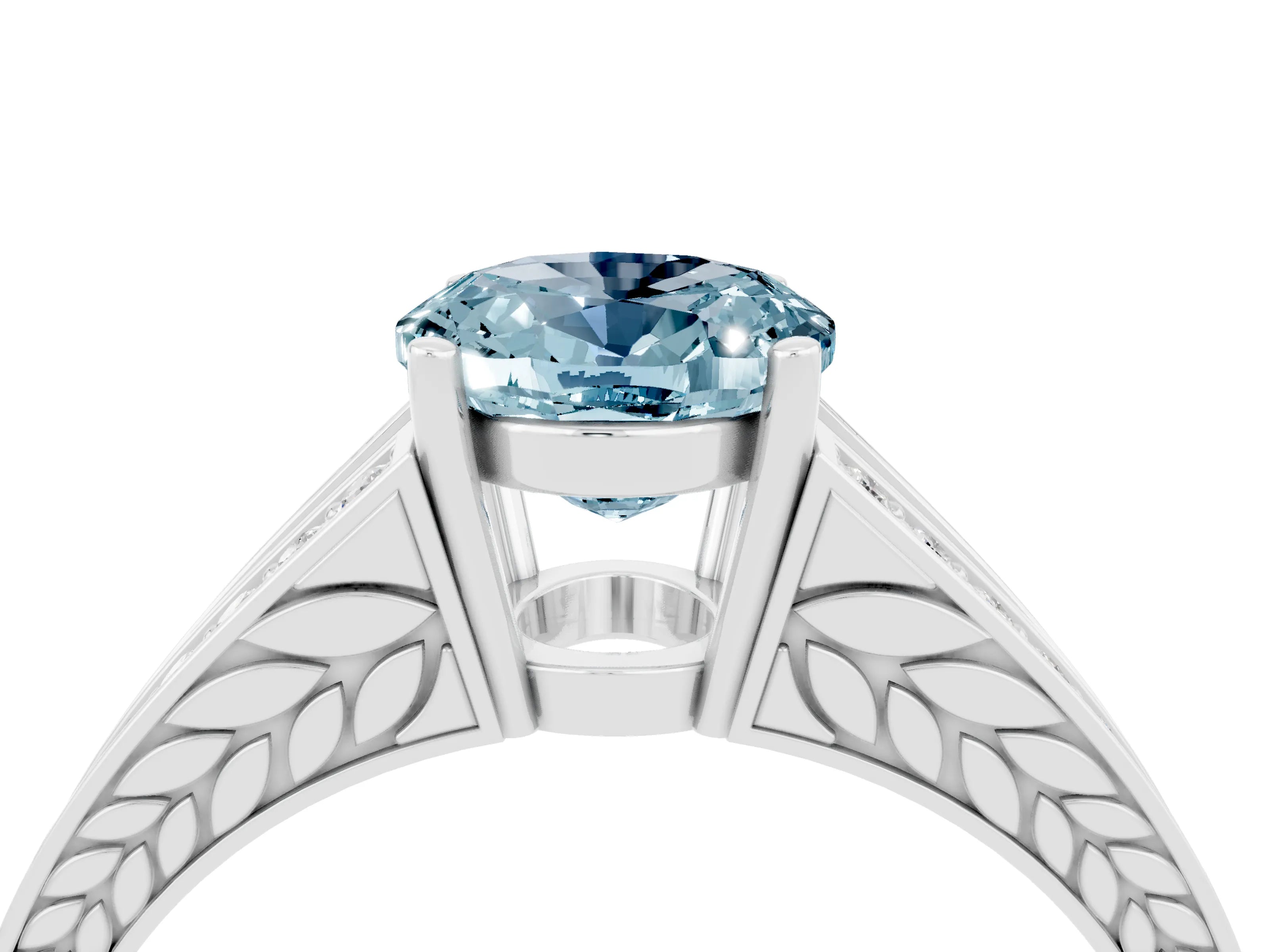White gold Oval Cut Aquamarine Split Shank Ring with Pavé Band and Four-Prong Setting_4