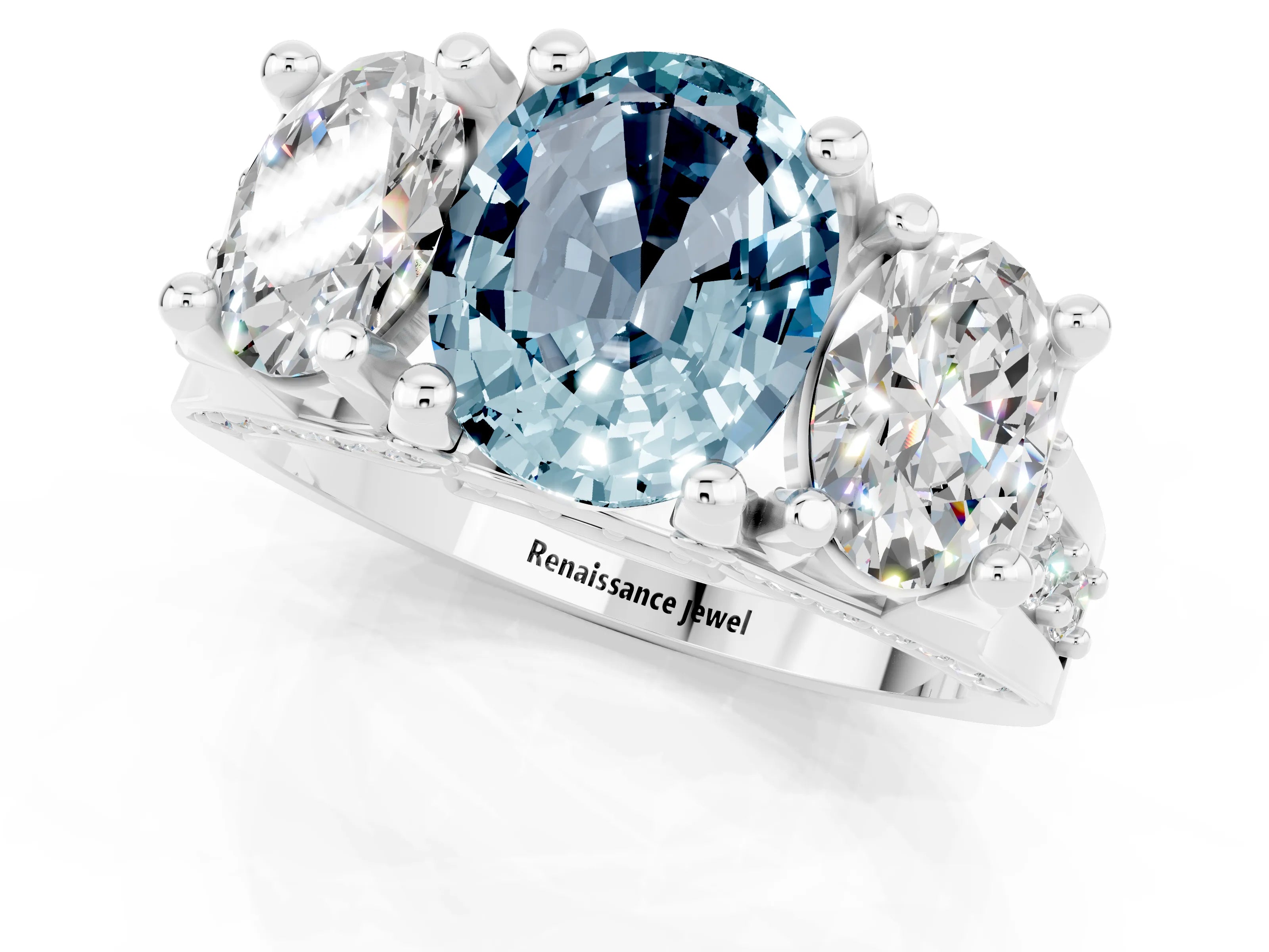 White gold Oval Cut Aquamarine Three-Stone Ring with Channel Set Band and Four-Prong Setting_1