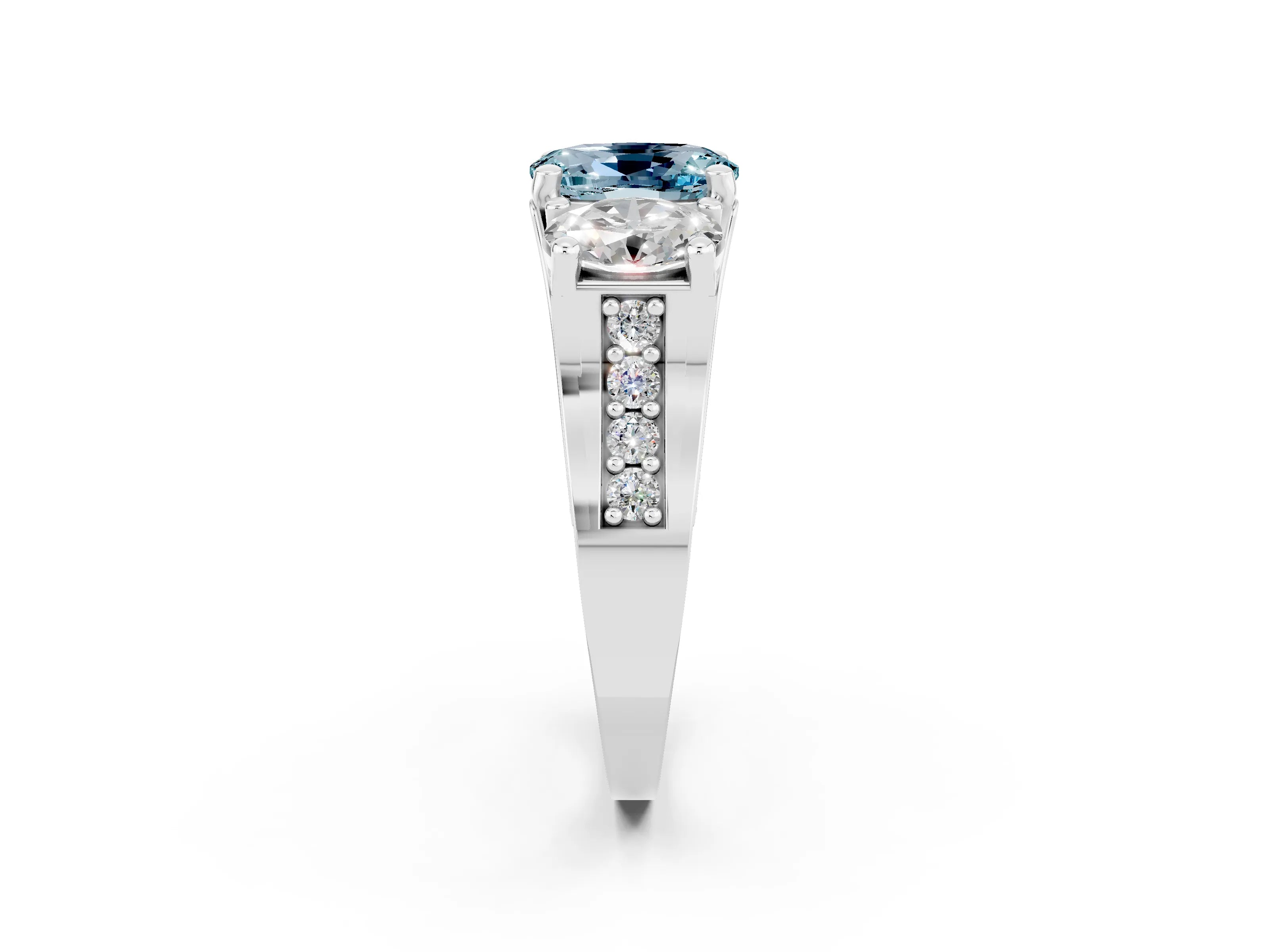 White gold Oval Cut Aquamarine Three-Stone Ring with Channel Set Band and Four-Prong Setting_2