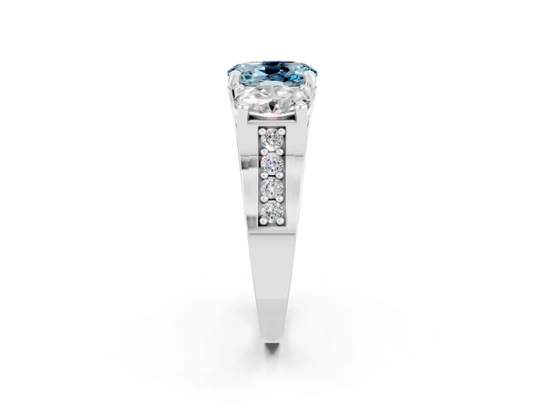 Platinum Oval Cut Aquamarine Three-Stone Ring with Channel Set Band and Four-Prong Setting
