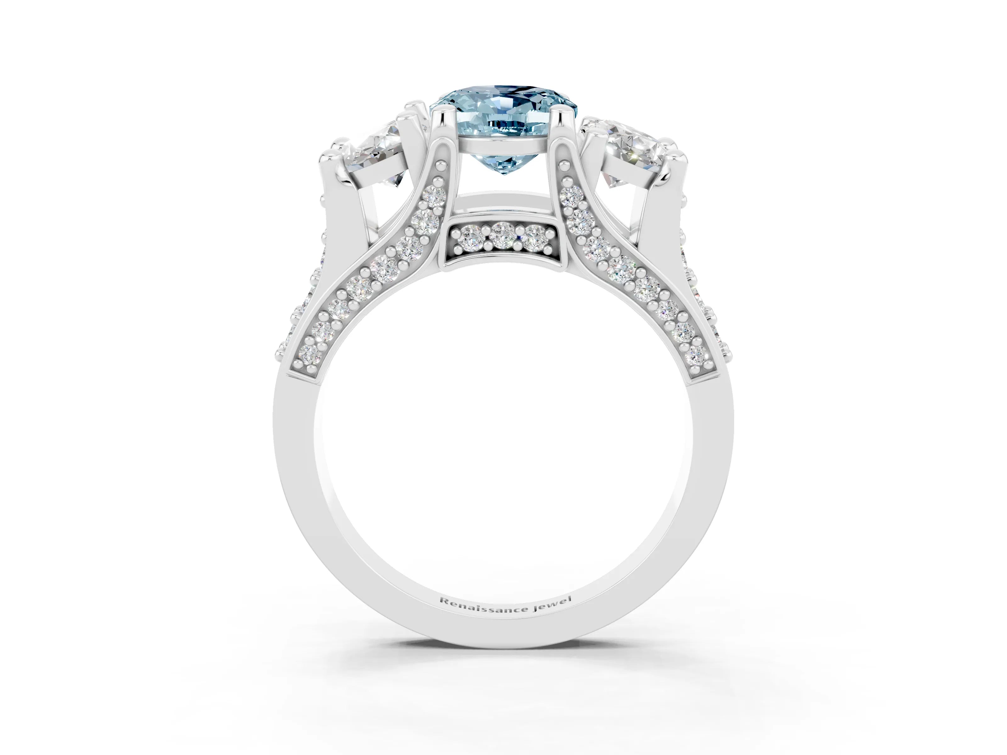 White gold Oval Cut Aquamarine Three-Stone Ring with Channel Set Band and Four-Prong Setting_3