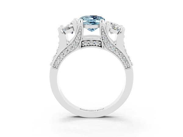 Silver Oval Cut Aquamarine Three-Stone Ring with Channel Set Band and Four-Prong Setting