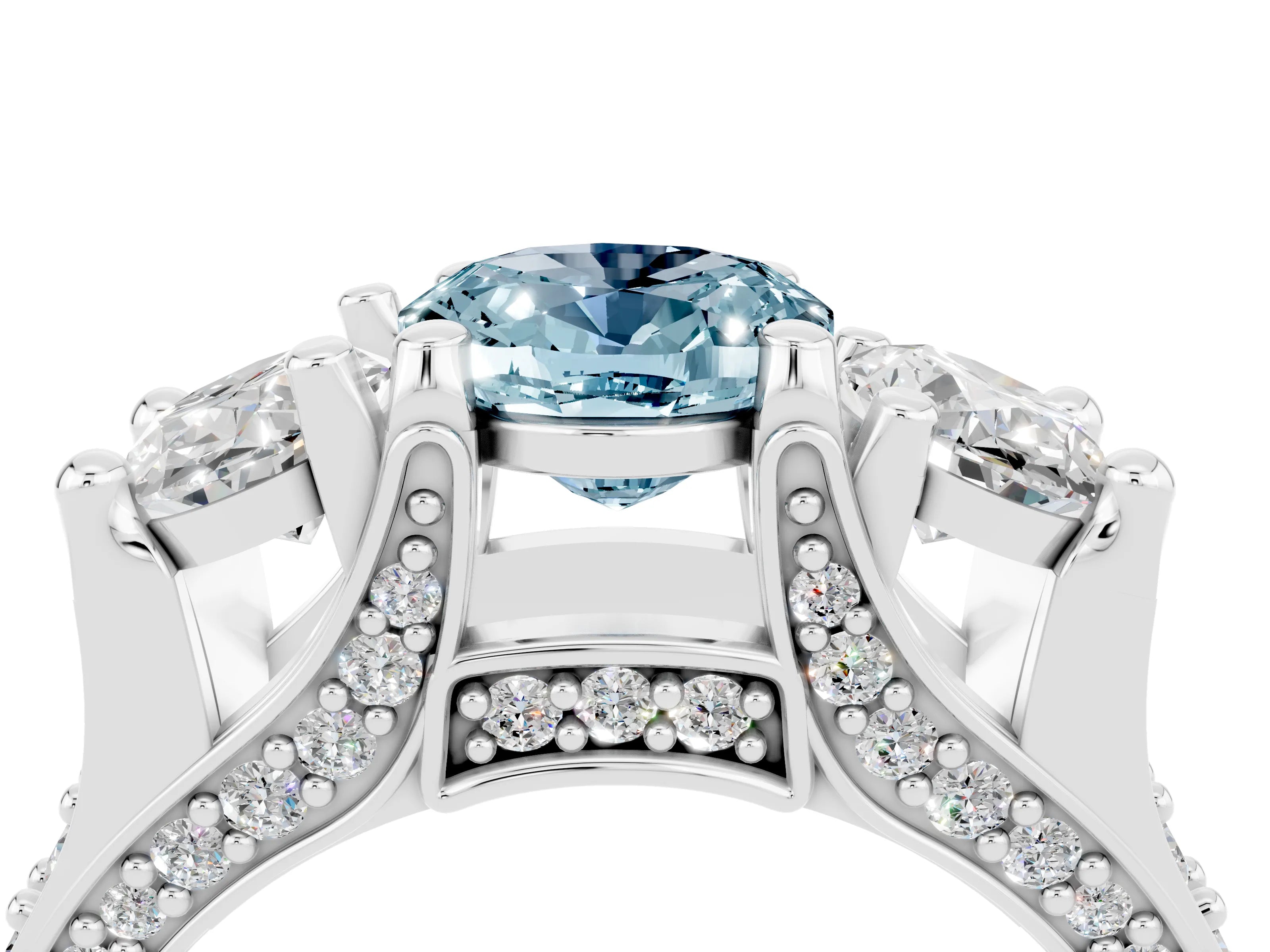 White gold Oval Cut Aquamarine Three-Stone Ring with Channel Set Band and Four-Prong Setting_4