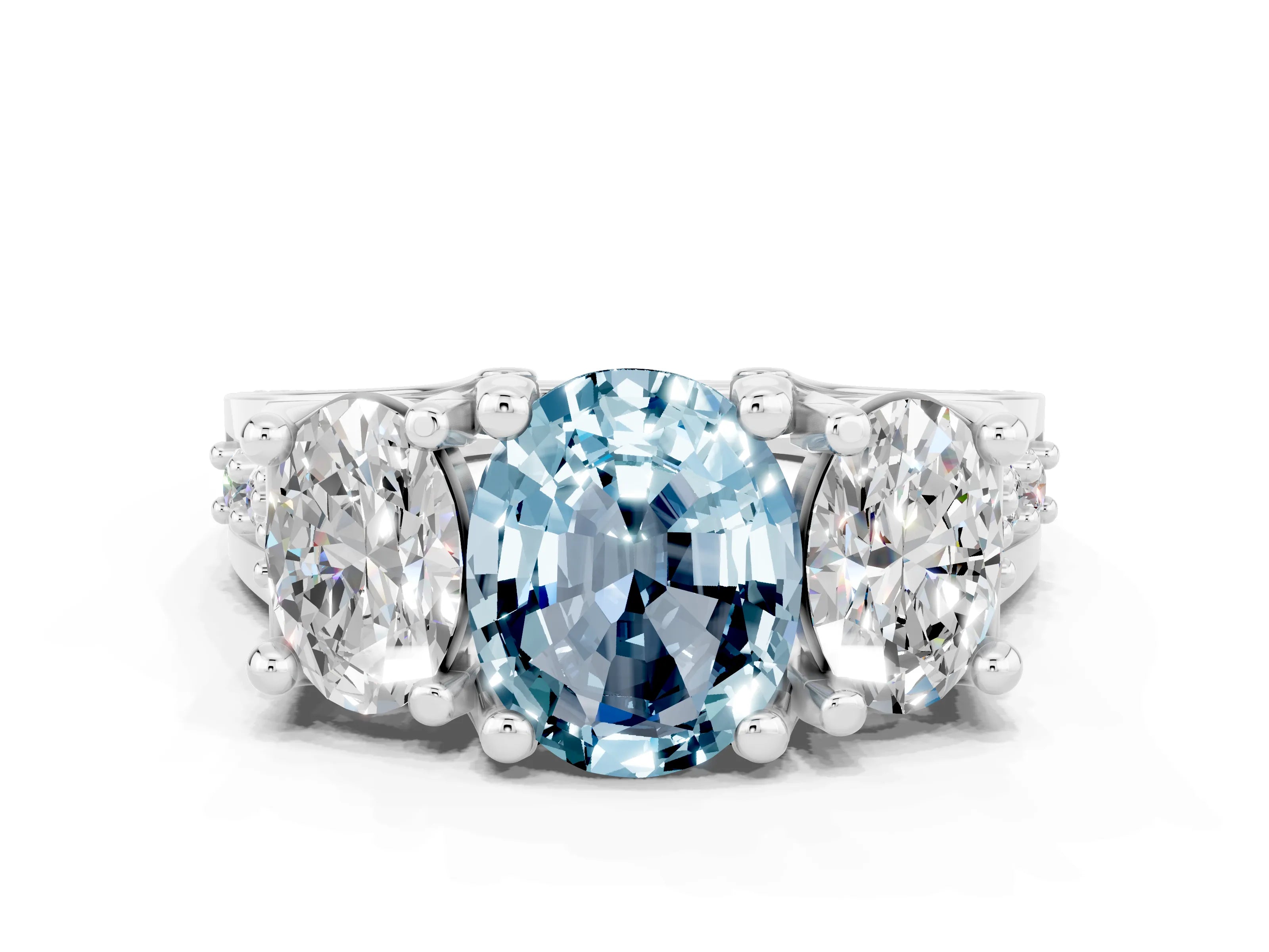 White gold Oval Cut Aquamarine Three-Stone Ring with Channel Set Band and Four-Prong Setting