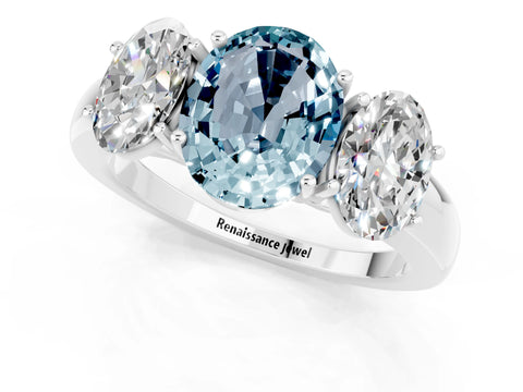 White gold Oval Cut Aquamarine Three-Stone Ring with Four-Prong Setting and Classic Band_1
