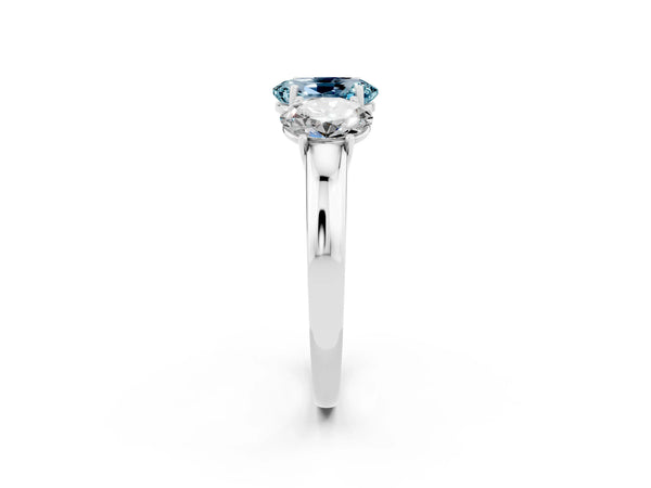 Platinum Oval Cut Aquamarine Three-Stone Ring with Four-Prong Setting and Classic Band