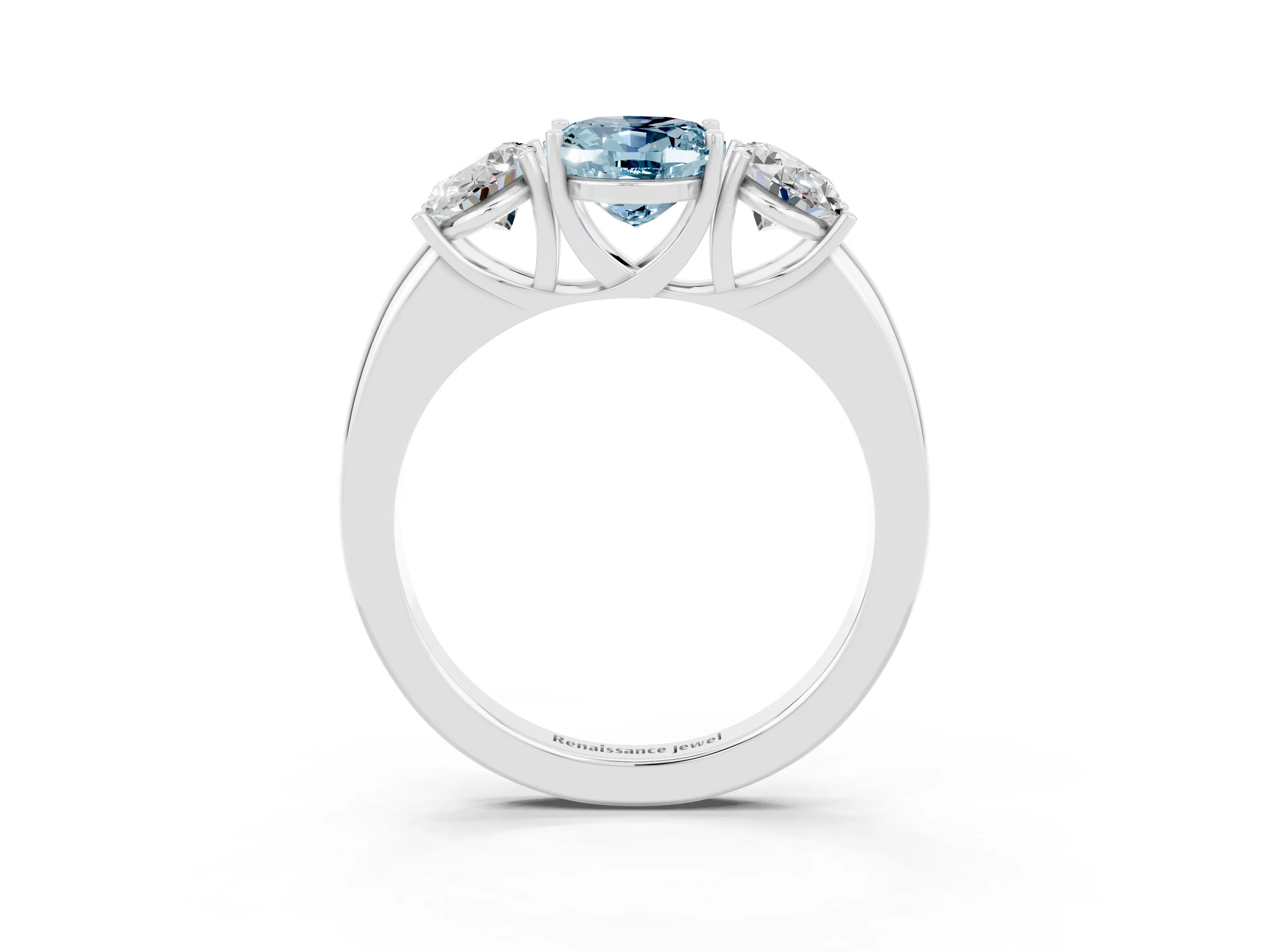 White gold Oval Cut Aquamarine Three-Stone Ring with Four-Prong Setting and Classic Band_3