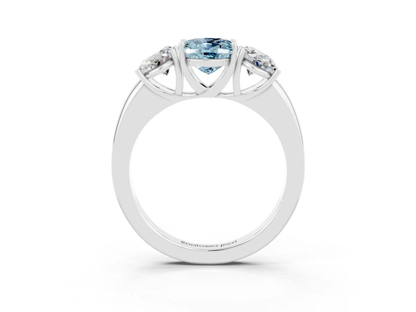 Silver Oval Cut Aquamarine Three-Stone Ring with Four-Prong Setting and Classic Band